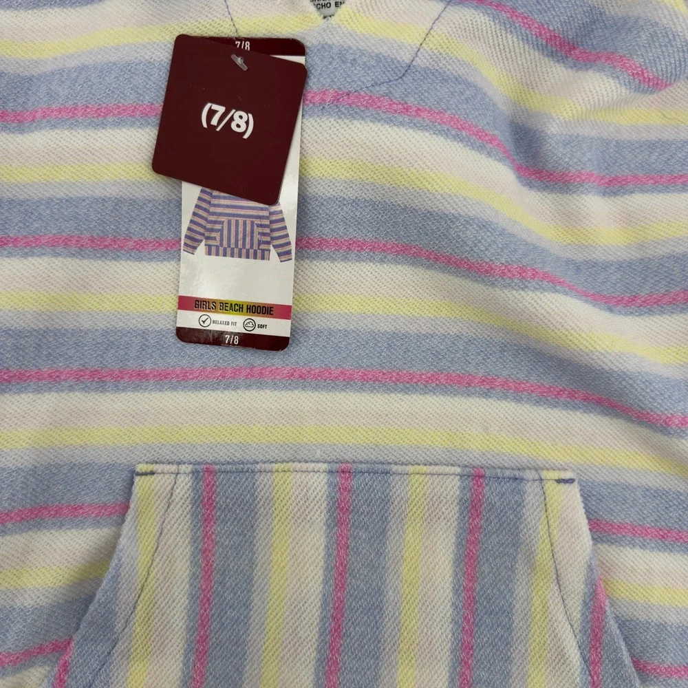 NEW Hurley Girls Beach Hoodie Striped Pullover Sweatshirt Blue Pink Yellow 7/8‎